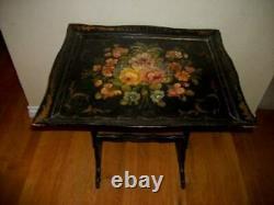 ANTIQUE TOLE FIRE SCREEN TABLE WOOD HAND PAINTED FLORAL 1920's COTTAGE ESTATE