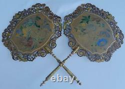 Antique Regency Fan Face Screens Pair Hand Painted Pierced Card Flowers Gilt x 2