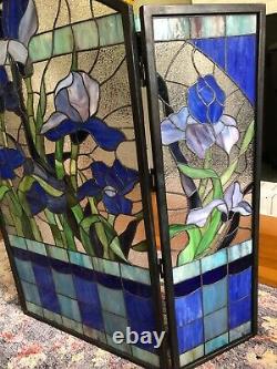 Iris original stained glass fireplace screen 40w x34 H, Victorian Tiffany styl