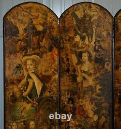 Rare Stunning 19th To 20th Century Romantic Decoupage Four Panel Folding Screen