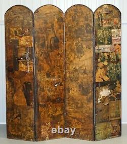 Rare Stunning 19th To 20th Century Romantic Decoupage Four Panel Folding Screen