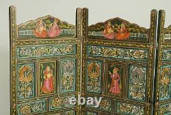 Vintage Polychrome Hand Painted Indian 4 Panel Folding Dressing Screen