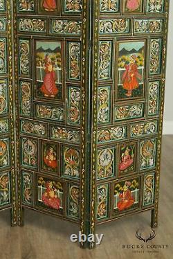 Vintage Polychrome Hand Painted Indian 4 Panel Folding Dressing Screen